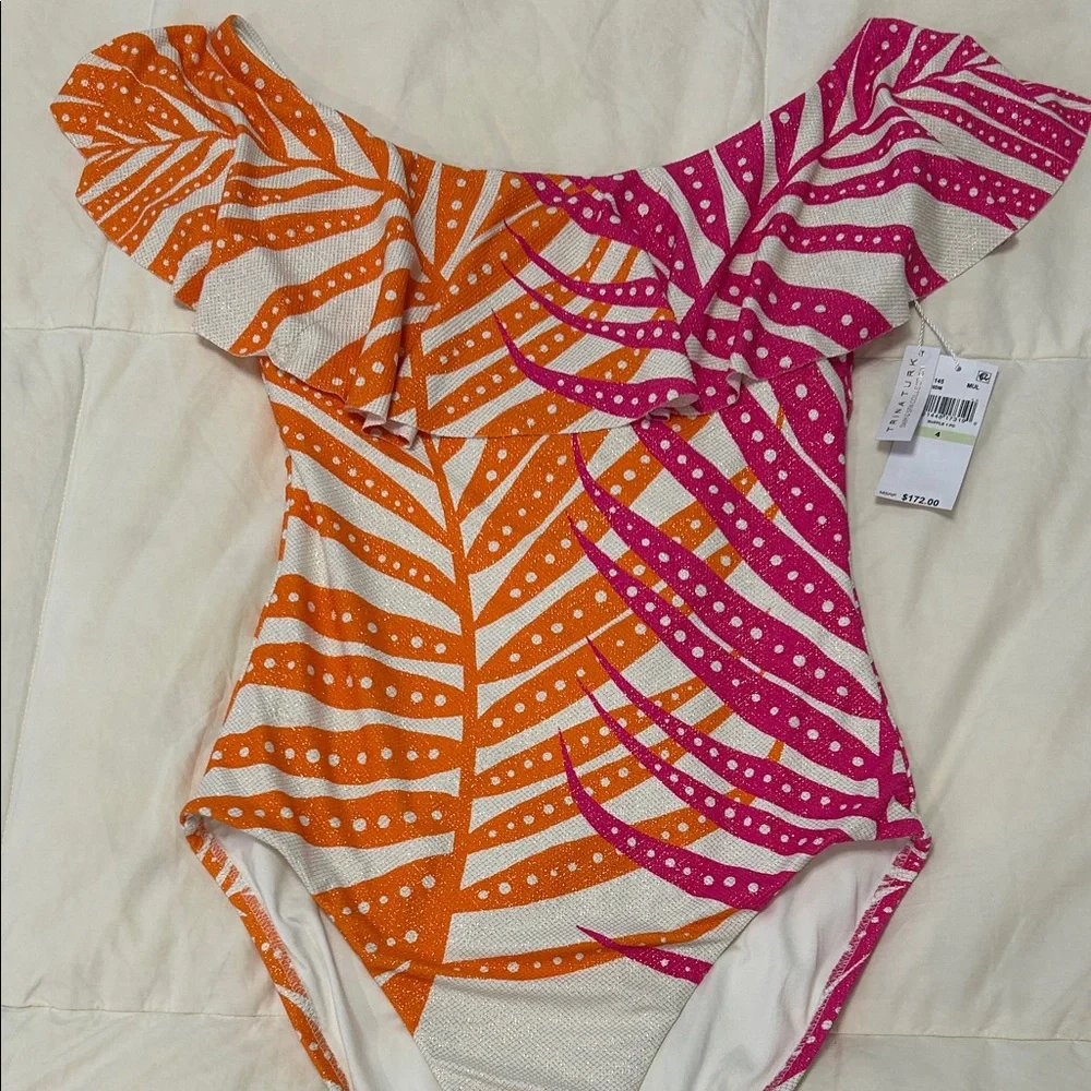 NWT🧡TRINA TURK🩷Tropics Off The Shoulder One Piece Swimsuit- Pink & Orange Ruffle
